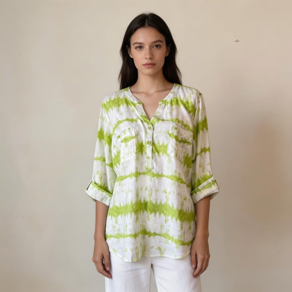 CORAL BAY | Green Tie Dye Linen Blend Blouse Sz LP